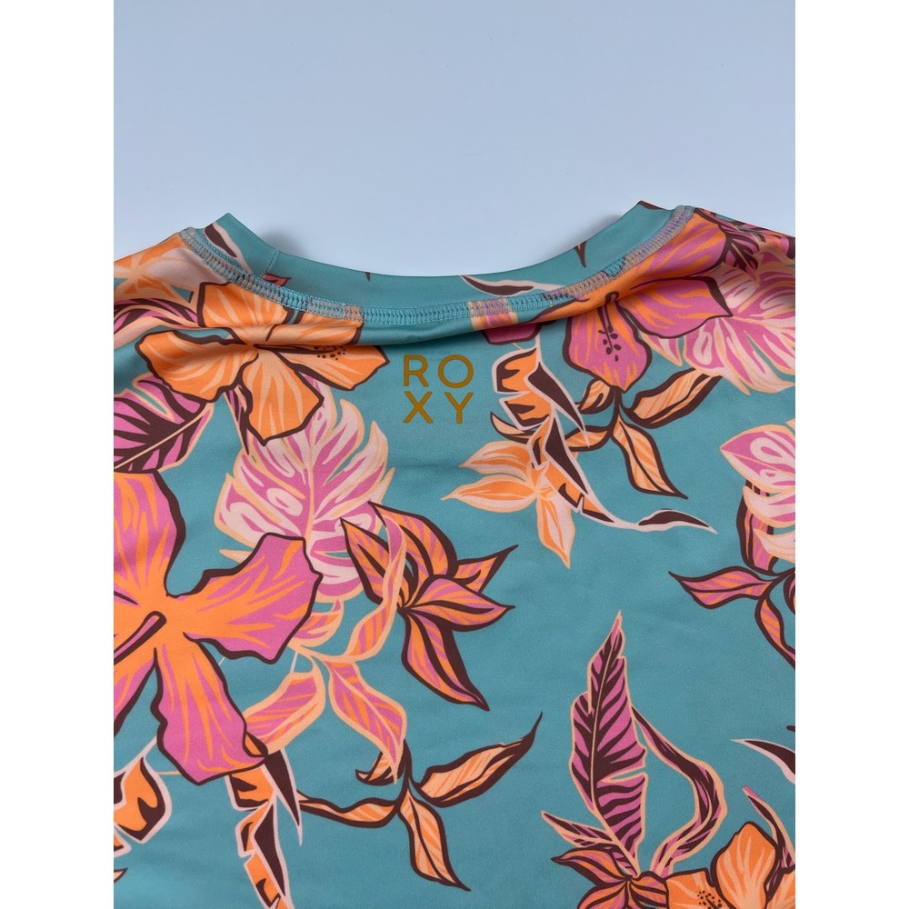 Roxy Womens Long Sleeve Rash Guard Teal Orange Pink Hibiscus Floral Swim Top M - Picture 12 of 12